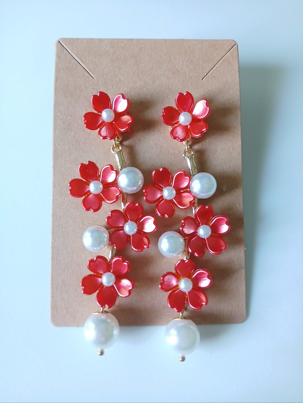 Fashion Jewelry Red Floral Pearl Drop Earrings